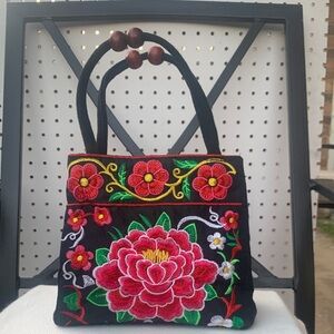 Floral Embroidered Black Handbag